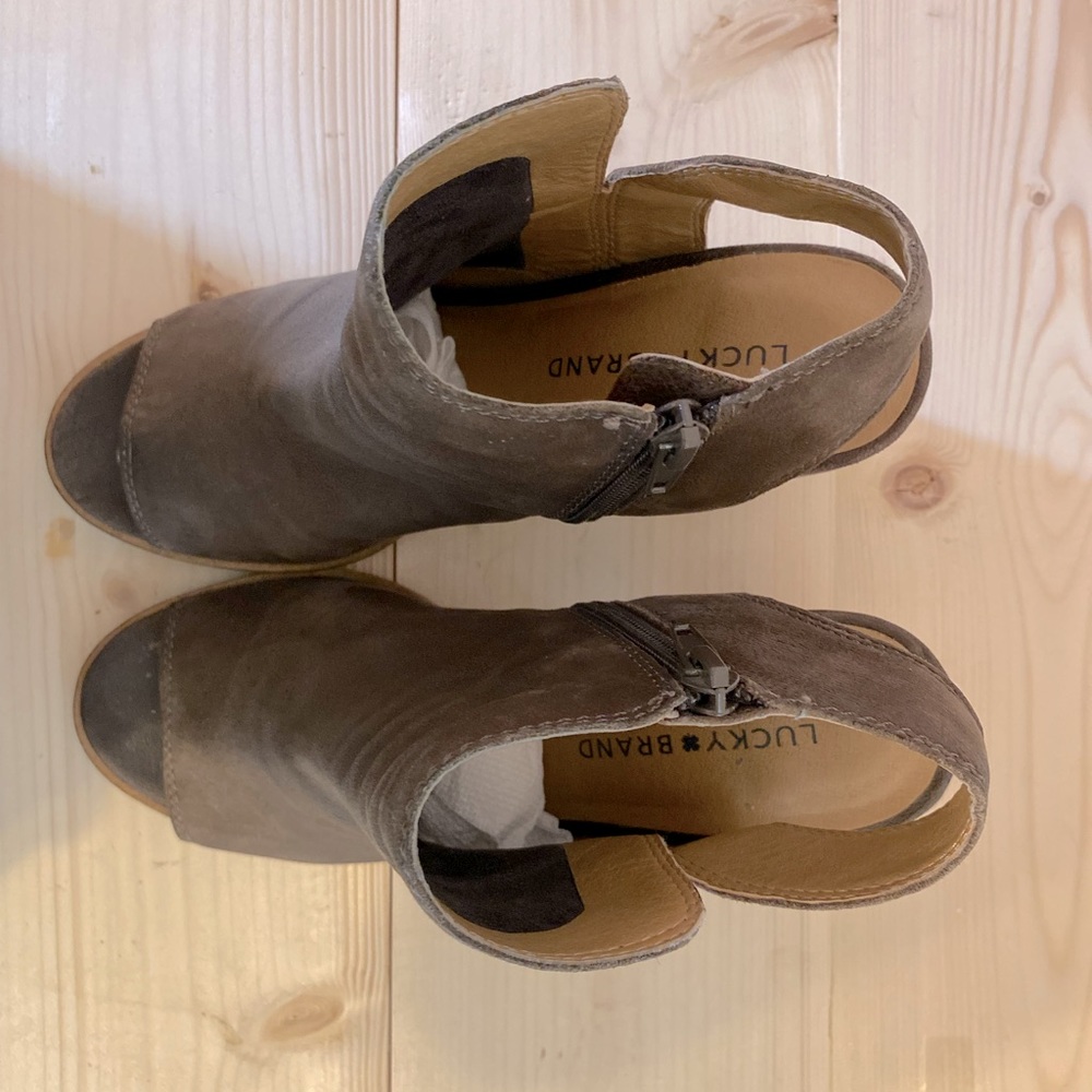 Lucky Brand - Brown sling back, peep toe with zippered bootie. Size 8.5